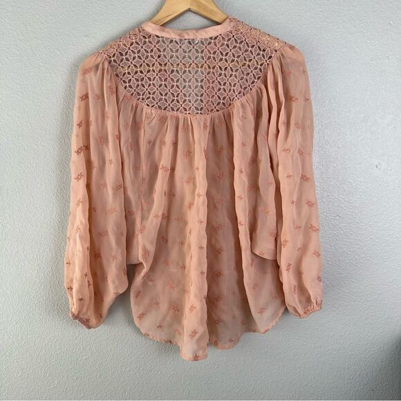 Lucky Brand-XS-Pink/Peach-Button Down Blouse-Embroidered/Crochet - Picture 4 of 6
